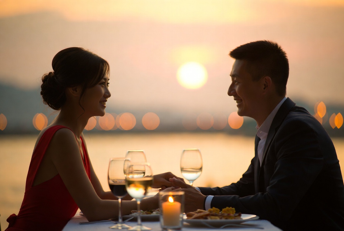 Asian couple holding hands at sunset dinner Asian couple holding hands at sunset dinner
