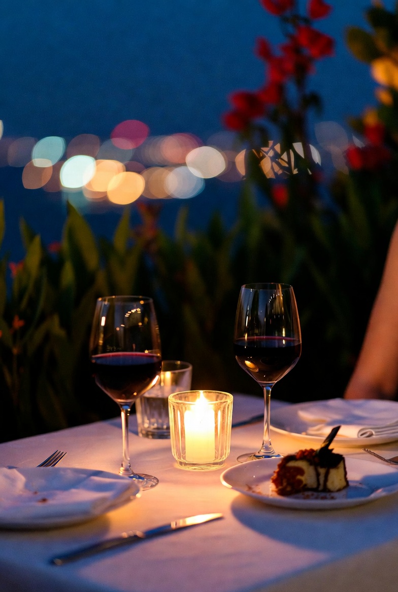 Romantic candlelit dinner by city waterfront Romantic candlelit dinner by city waterfront