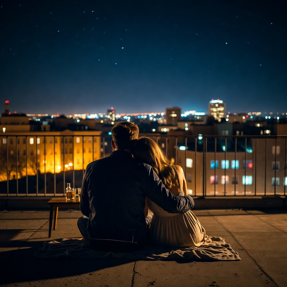 Couple embracing on rooftop stargazing Couple embracing on rooftop stargazing