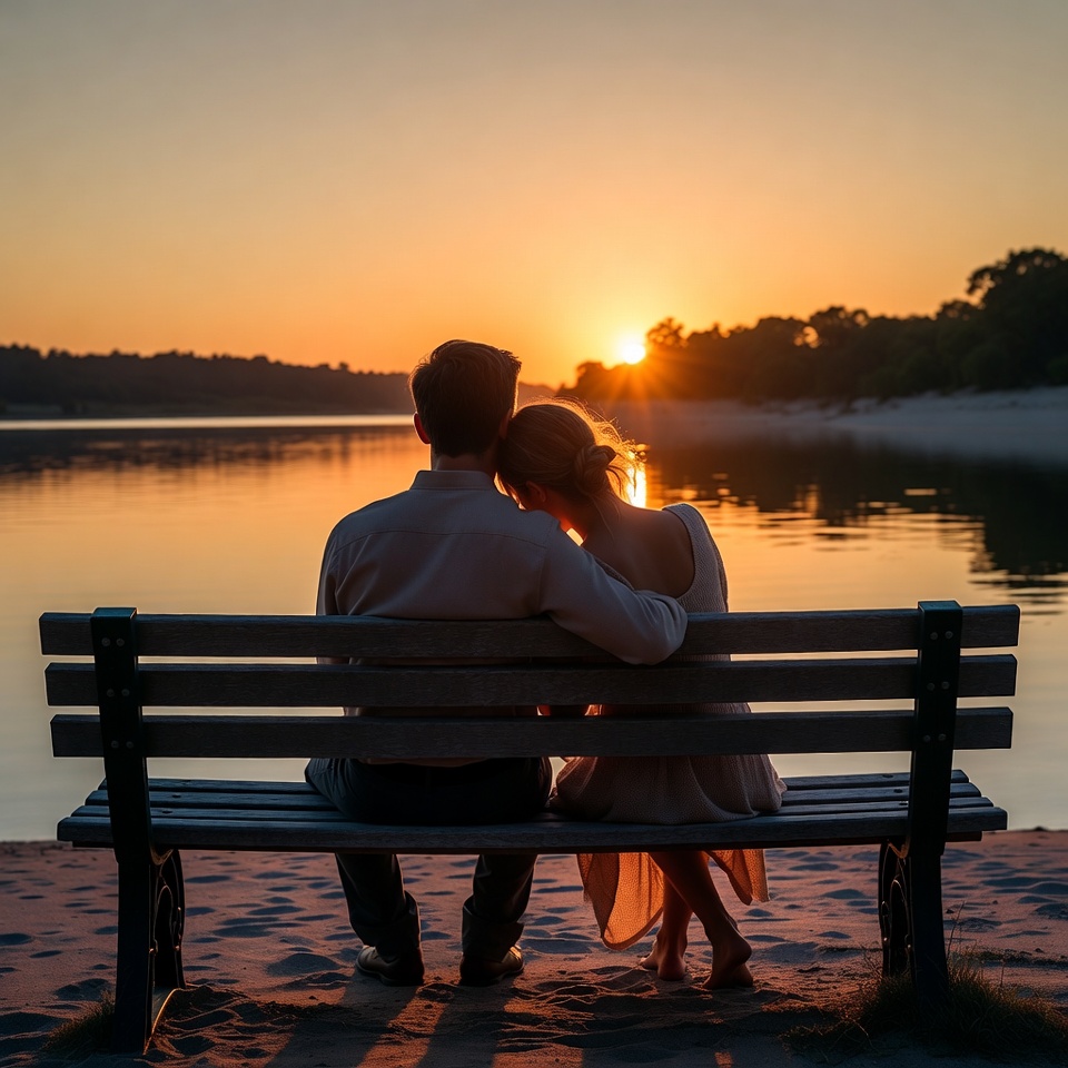 Couple embracing on bench at sunset Couple embracing on bench at sunset