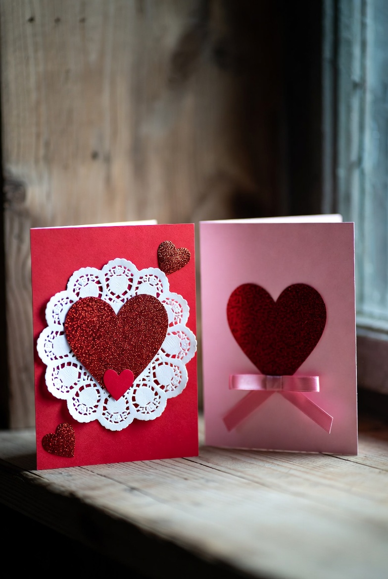 Handmade Valentine's Day Cards with Glitter Hearts Handmade Valentine's Day Cards with Glitter Hearts