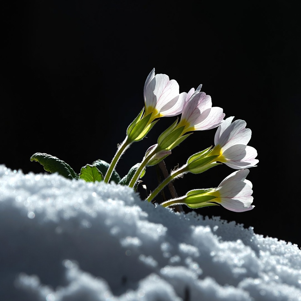 Pink primroses blooming in snow Pink primroses blooming in snow