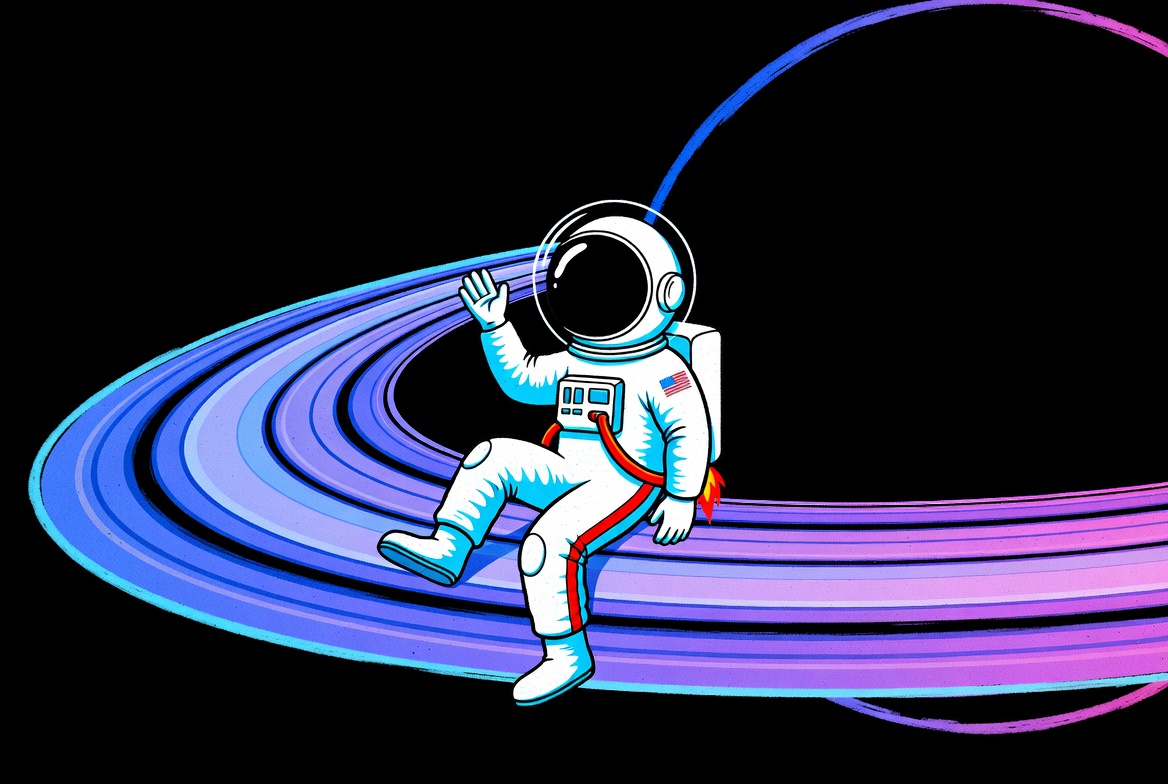 Astronaut waving near Saturn Astronaut waving near Saturn