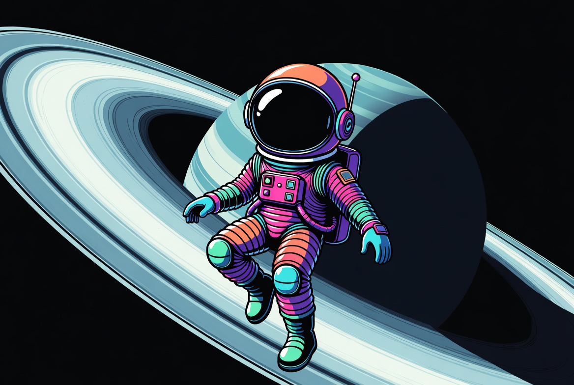 Colorful Astronaut Floating by Saturn Colorful Astronaut Floating by Saturn