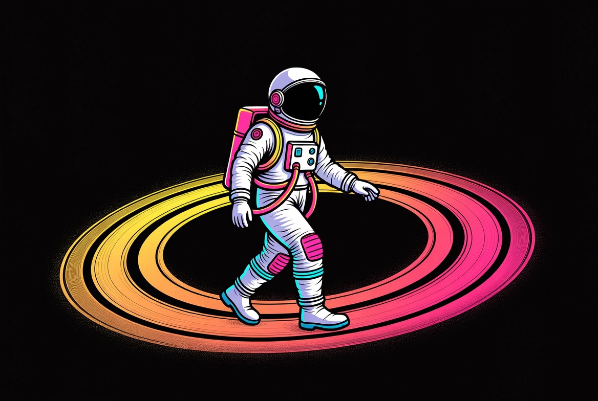 Astronaut walking in colorful rings Astronaut walking in colorful rings