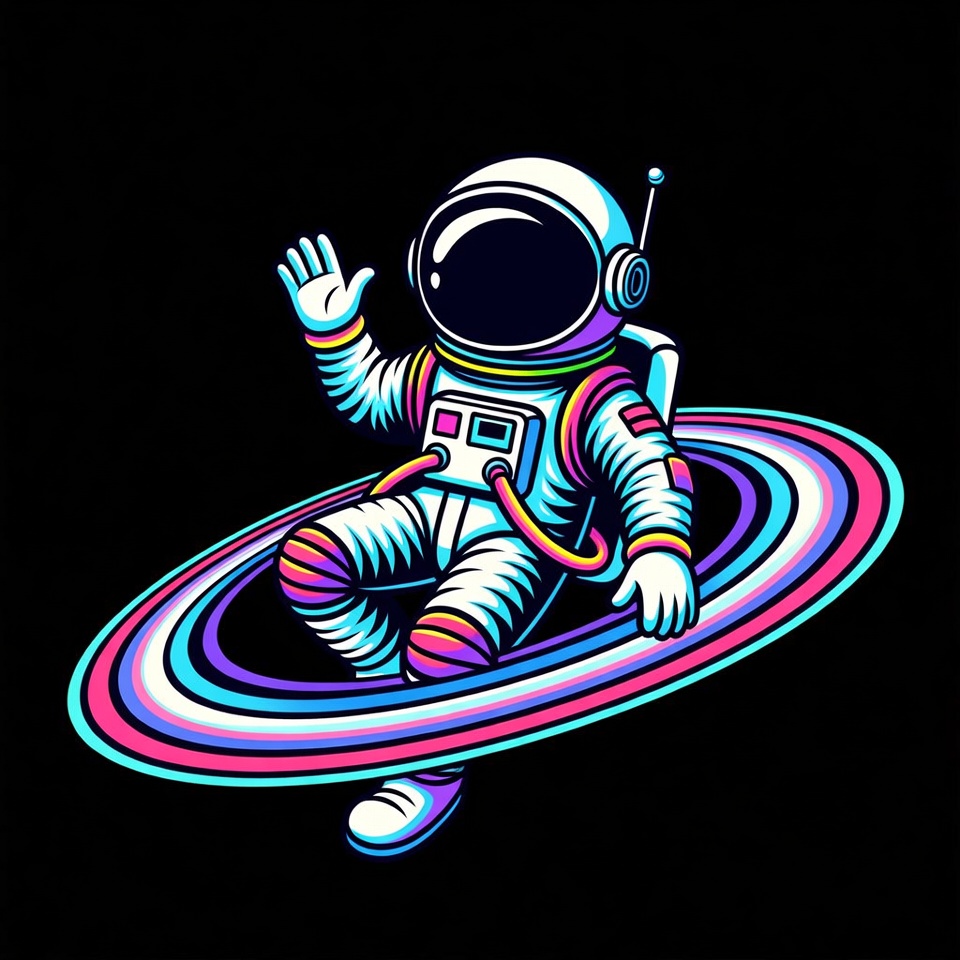 Astronaut waving on rainbow ring Astronaut waving on rainbow ring