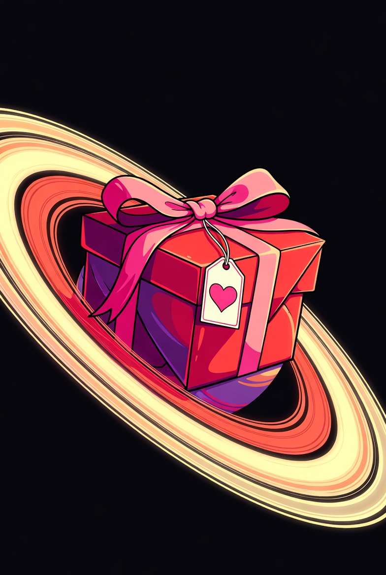 Gift Box Orbiting Saturn Illustration Gift Box Orbiting Saturn Illustration