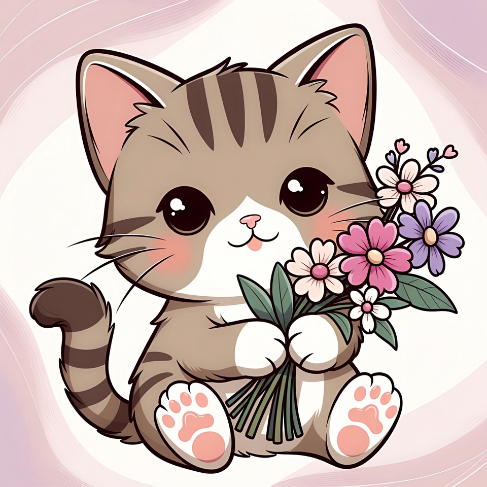 Cute tabby kitten holding flowers Cute tabby kitten holding flowers