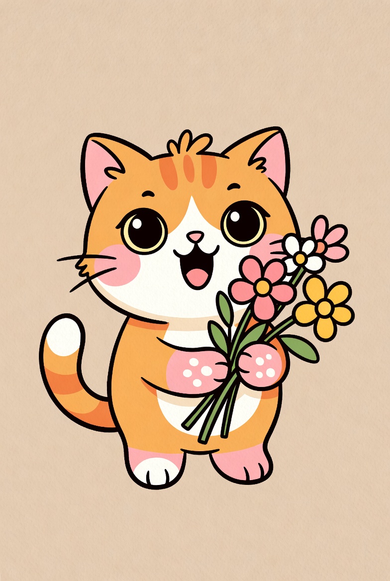 Cute orange kitten holding flowers Cute orange kitten holding flowers