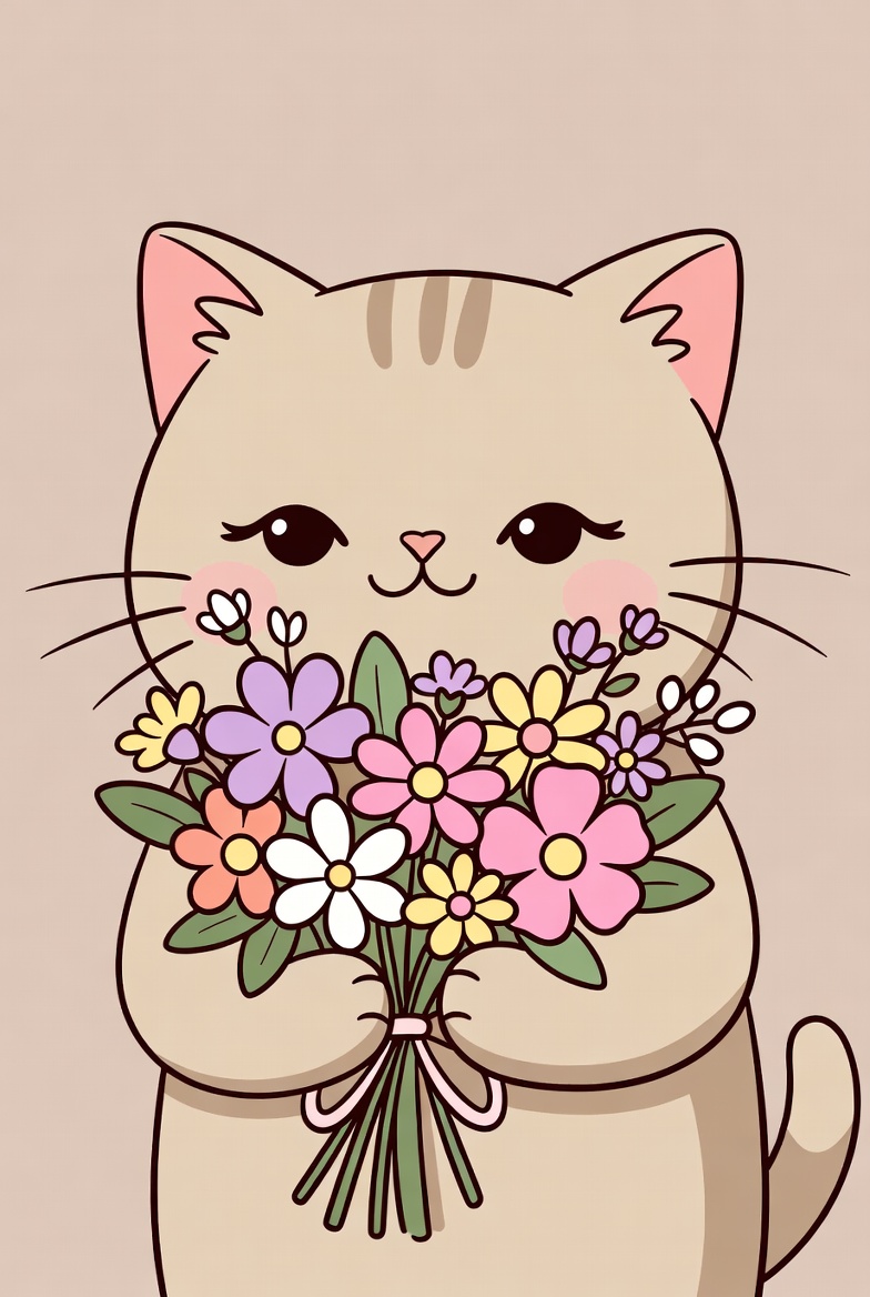 Cute cat holding flower bouquet Cute cat holding flower bouquet