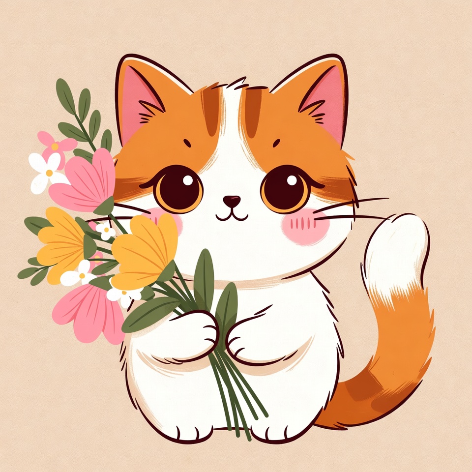 Cute orange cat holding flowers Cute orange cat holding flowers