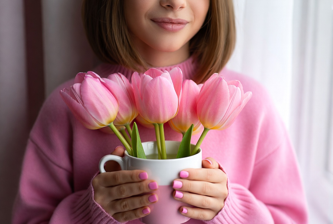 Woman holding pink tulips Woman holding pink tulips