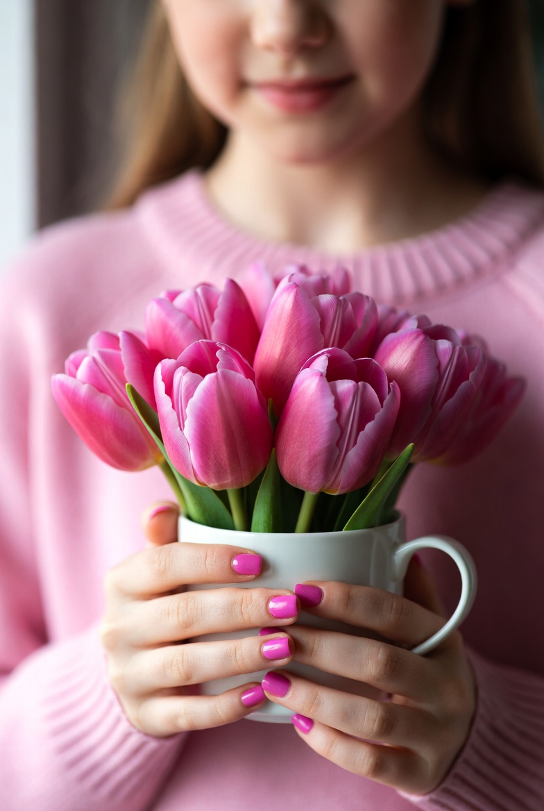 Girl holding pink tulips Girl holding pink tulips