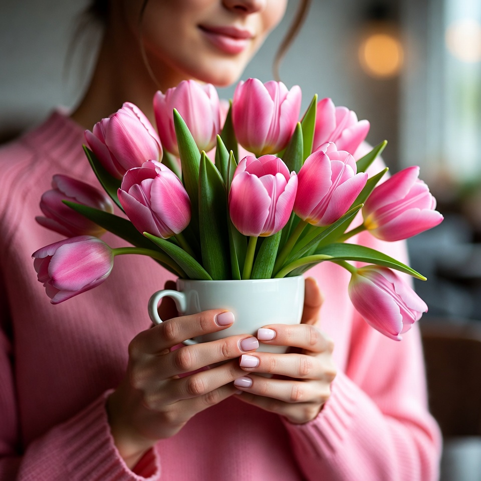 Woman holding pink tulips Woman holding pink tulips