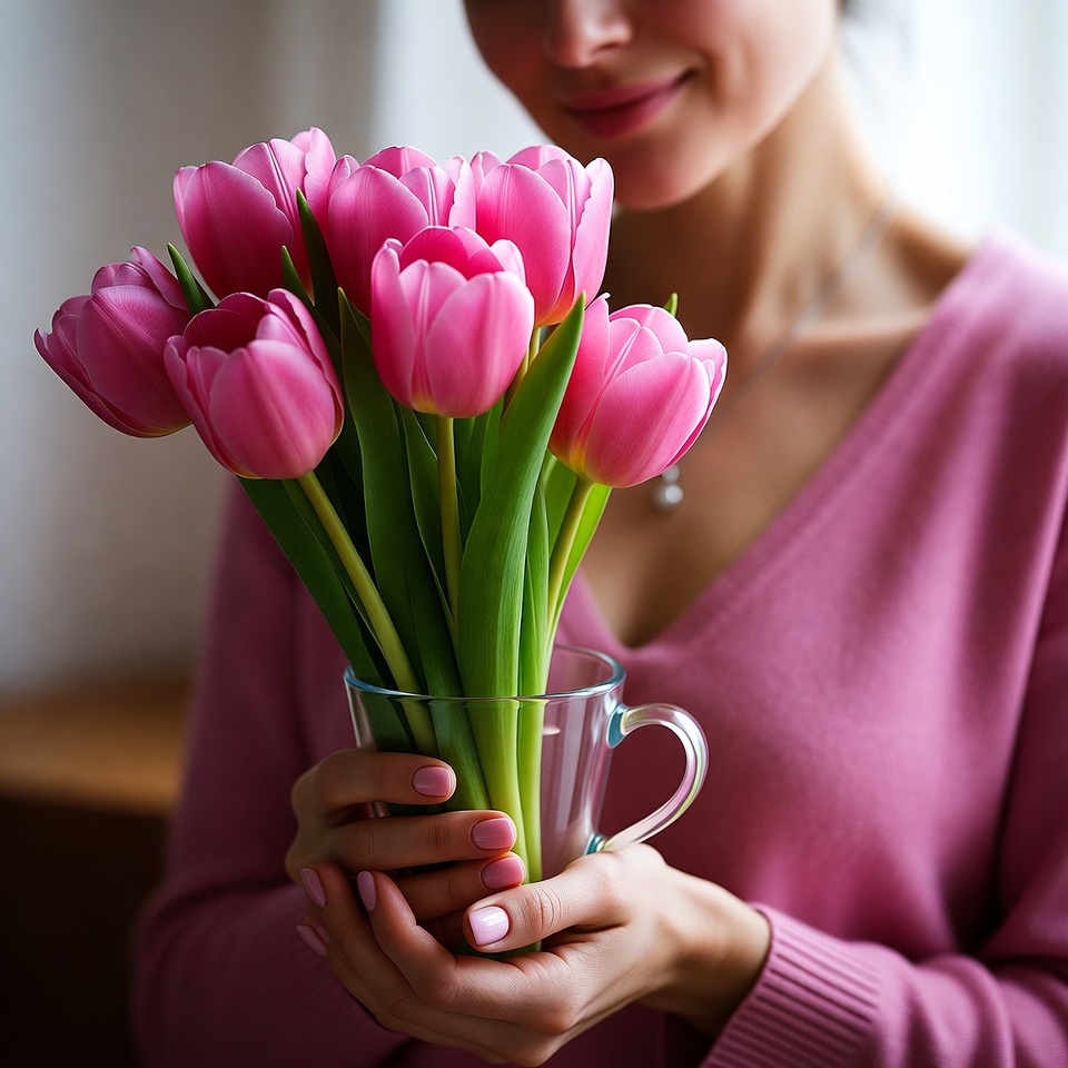 Woman holding pink tulips Woman holding pink tulips