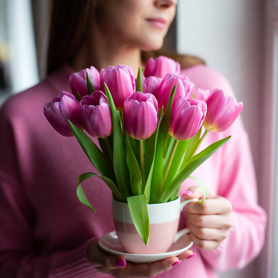 Woman holding pink tulips in cup Woman holding pink tulips in cup