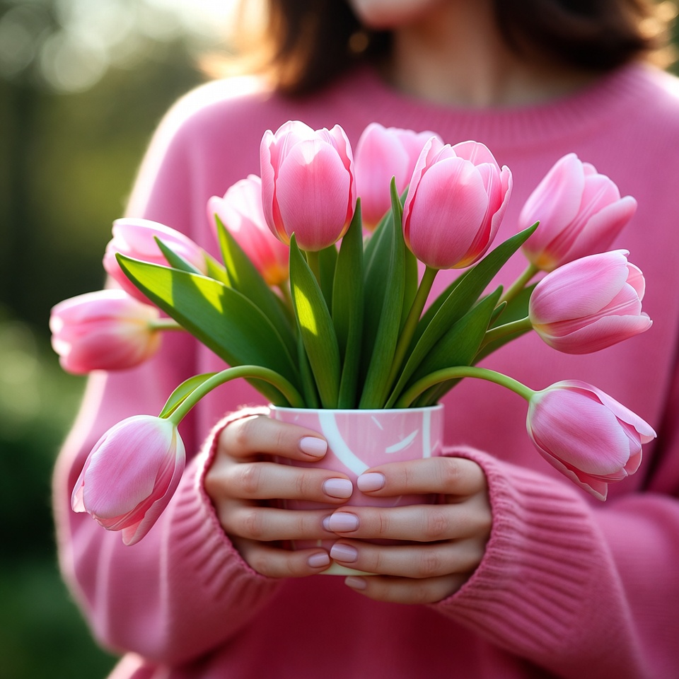 Woman holding pink tulips Woman holding pink tulips