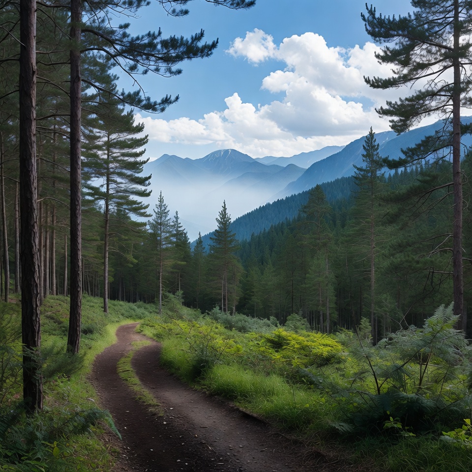 Dirt Path Through Pine Forest Mountains Dirt Path Through Pine Forest Mountains