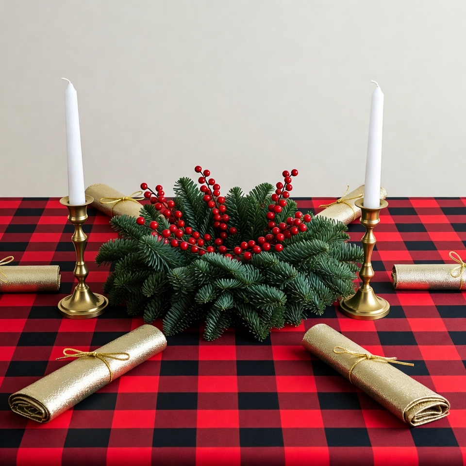 Christmas Holly Centerpiece on Plaid Table Christmas Holly Centerpiece on Plaid Table