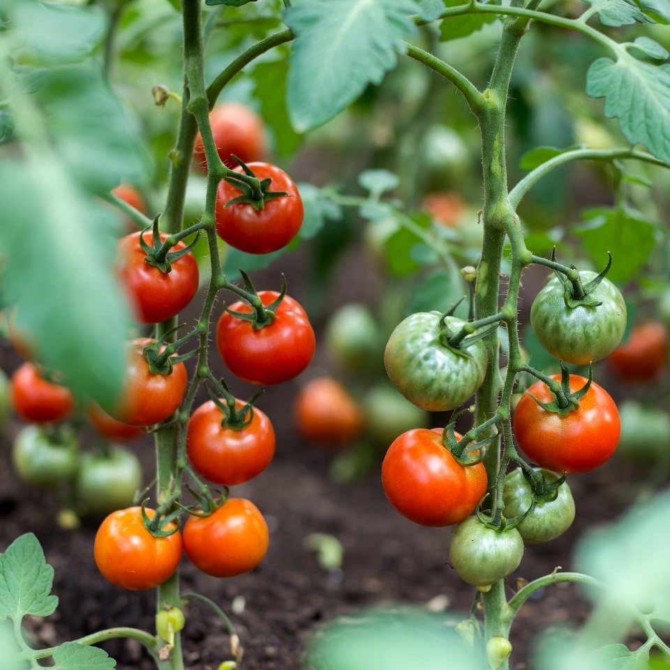 Ripe tomatoes on green plant stems Ripe tomatoes on green plant stems