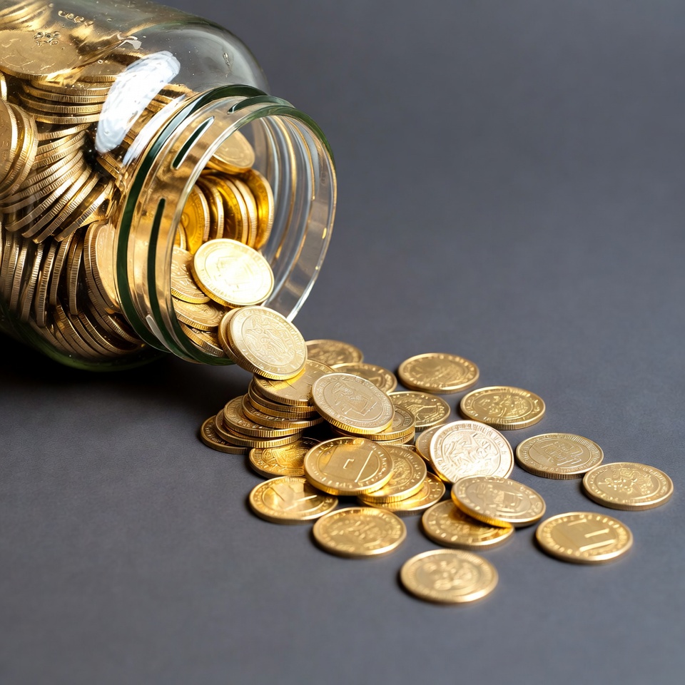 Gold Coins Pouring from Glass Jar Gold Coins Pouring from Glass Jar
