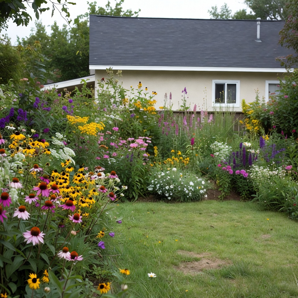 Colorful flower garden by house Colorful flower garden by house