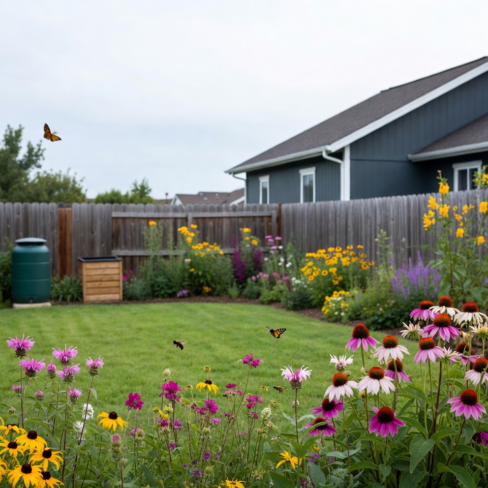 Colorful Garden with Butterflies and House Colorful Garden with Butterflies and House
