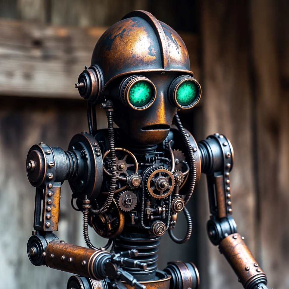 Steampunk Robot with Glowing Green Eyes Steampunk Robot with Glowing Green Eyes