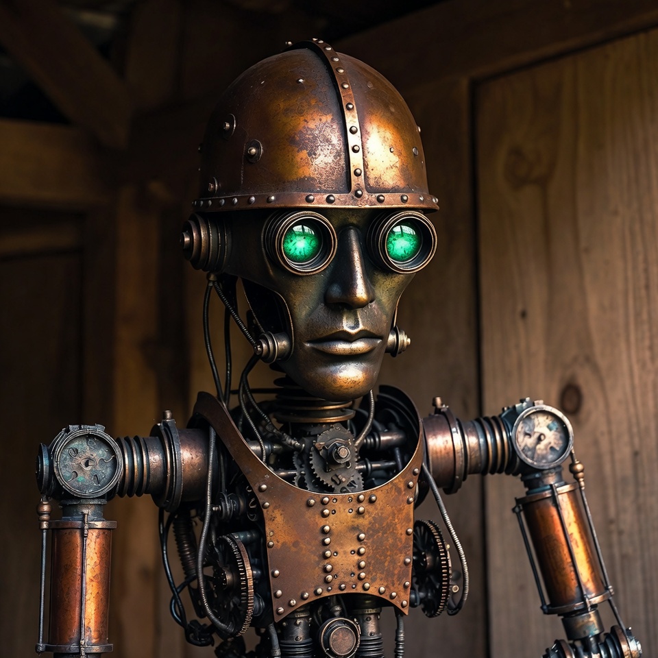 Steampunk Robot with Glowing Green Eyes Steampunk Robot with Glowing Green Eyes