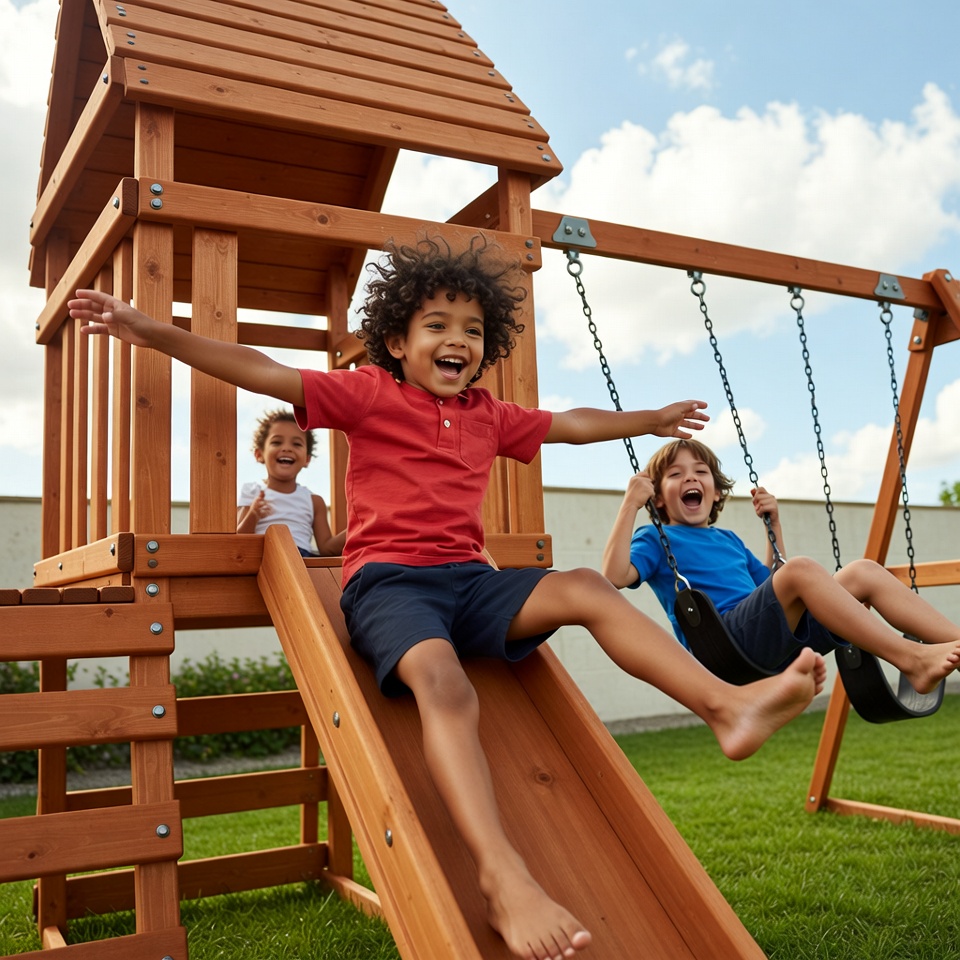 Boys playing on wooden playground slide Boys playing on wooden playground slide