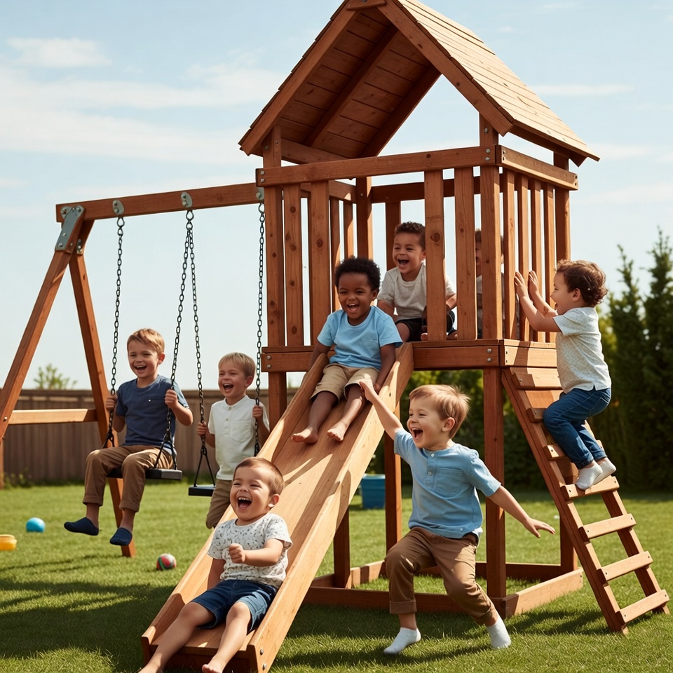 Children Playing on Wooden Playground Children Playing on Wooden Playground