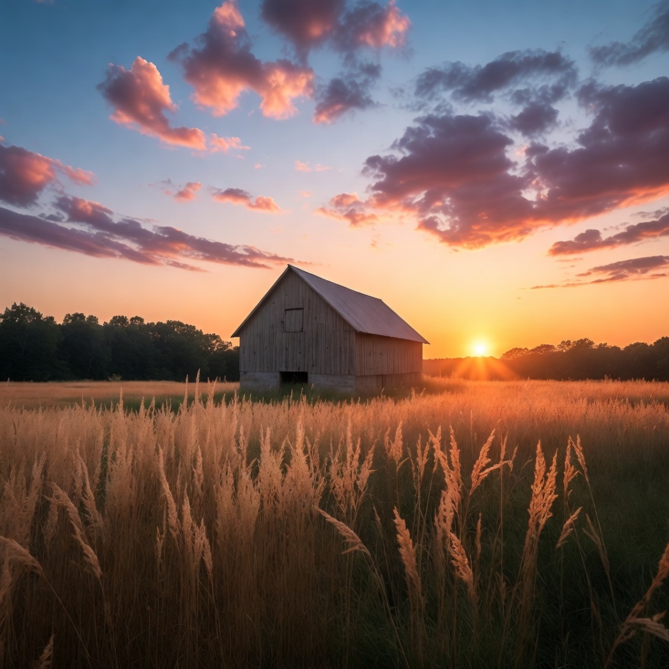 Red Barn in Golden Wheat Field at Sunset Red Barn in Golden Wheat Field at Sunset