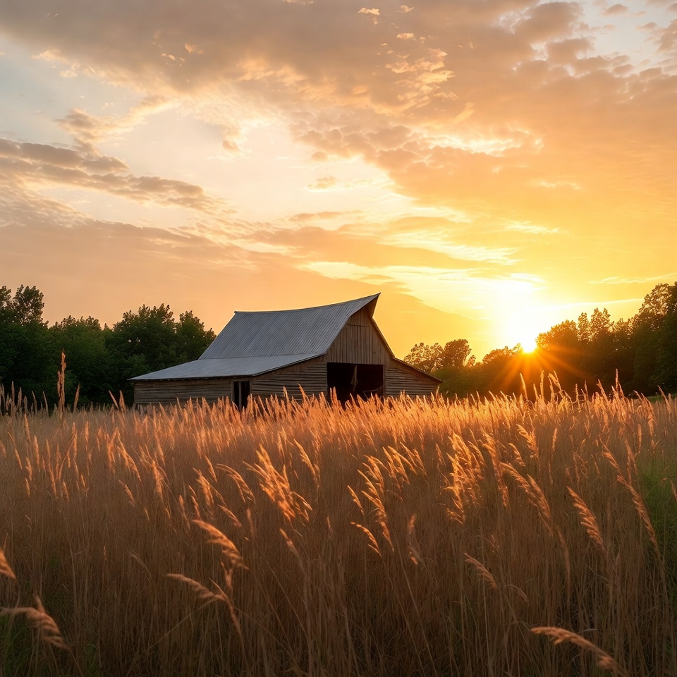 Barn in golden wheat field at sunset Barn in golden wheat field at sunset