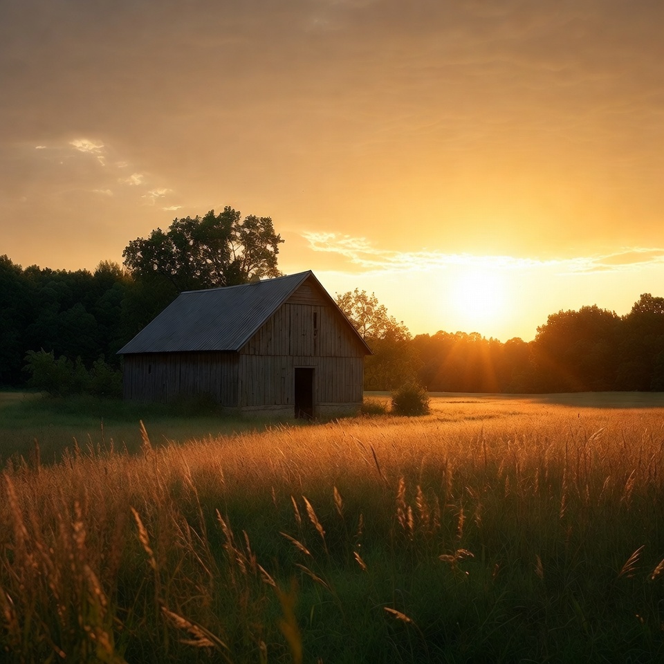 Barn in golden sunset field Barn in golden sunset field