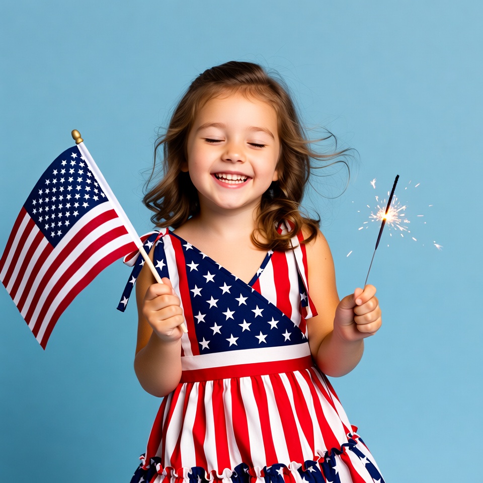 Girl holding flag and sparkler Girl holding flag and sparkler
