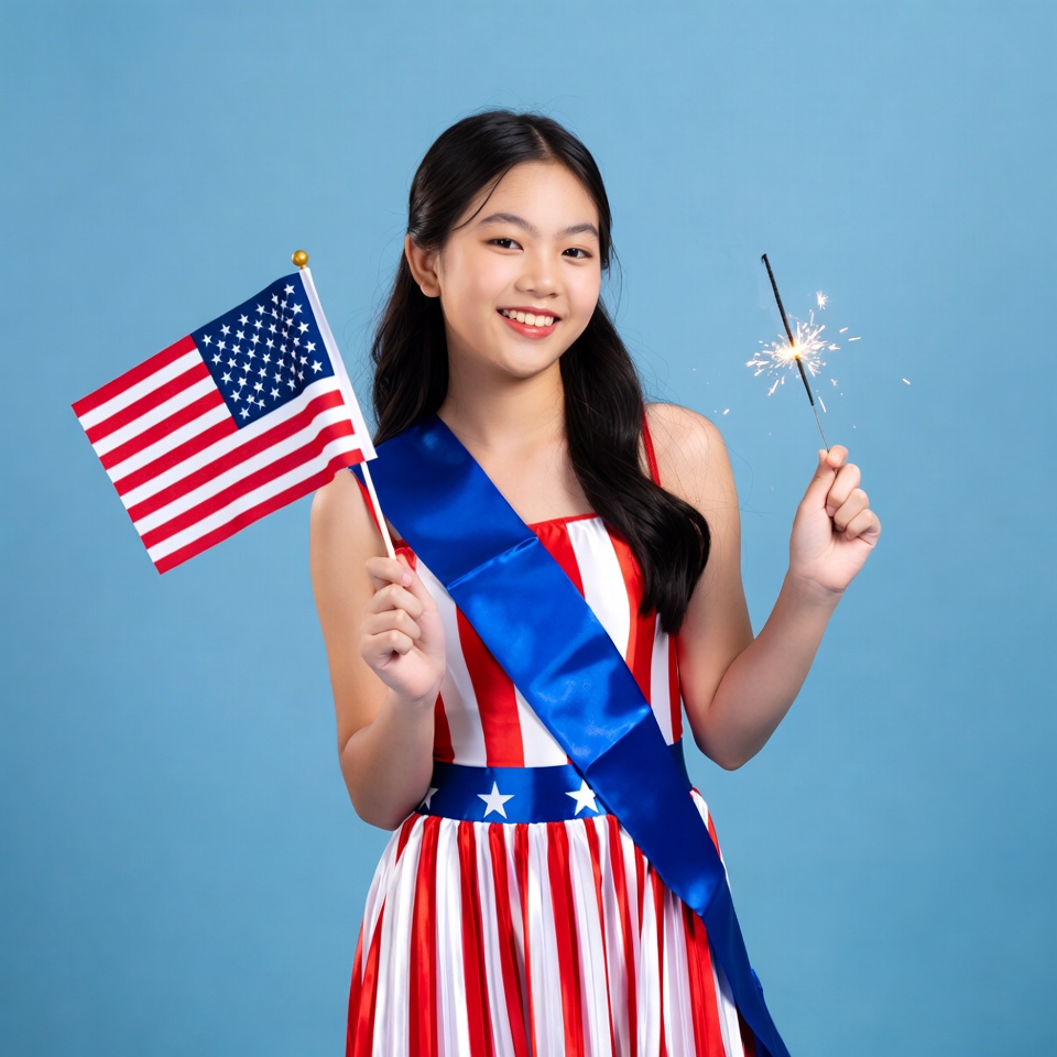 Asian girl with American flag and sparkler Asian girl with American flag and sparkler