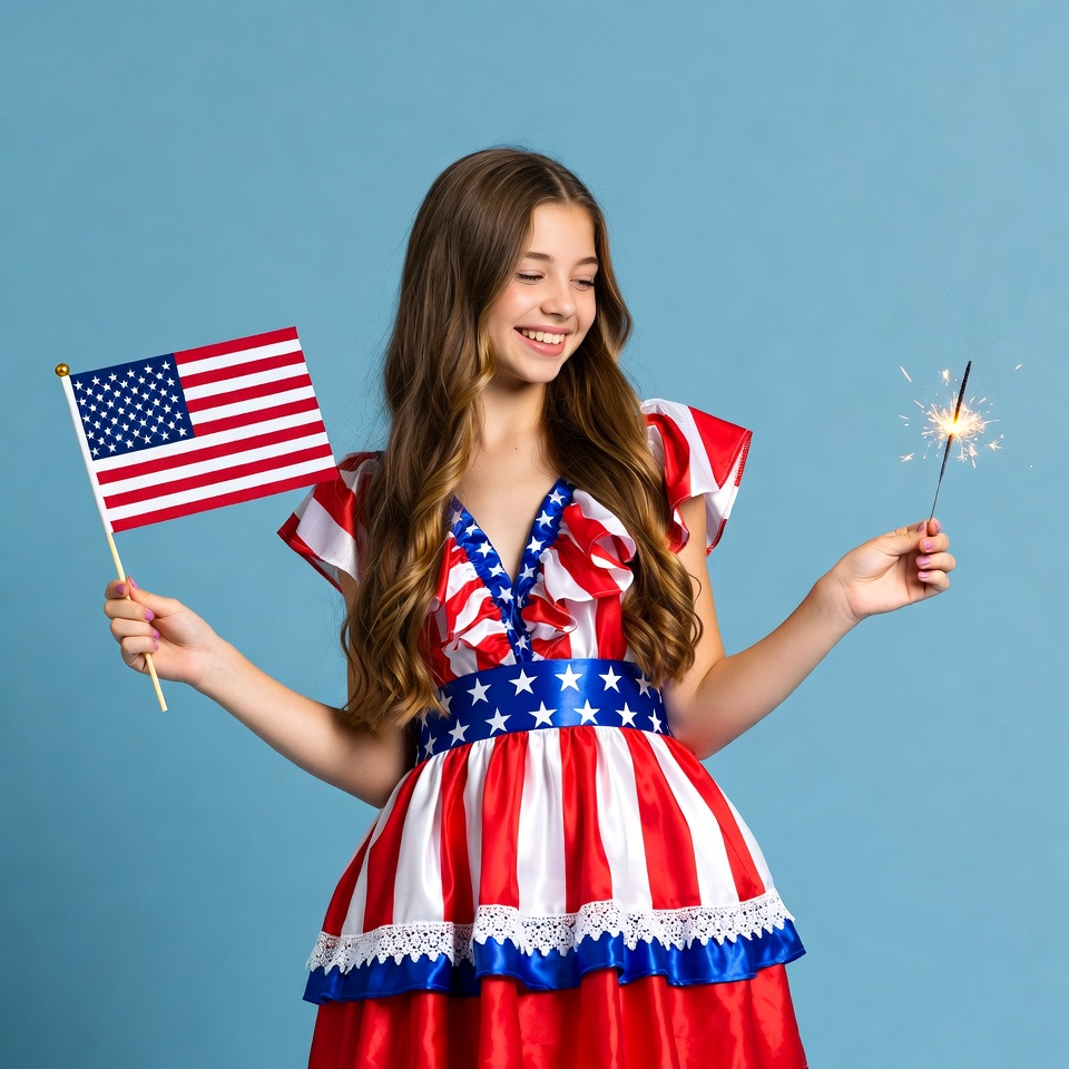 Girl holding American flag and sparkler Girl holding American flag and sparkler