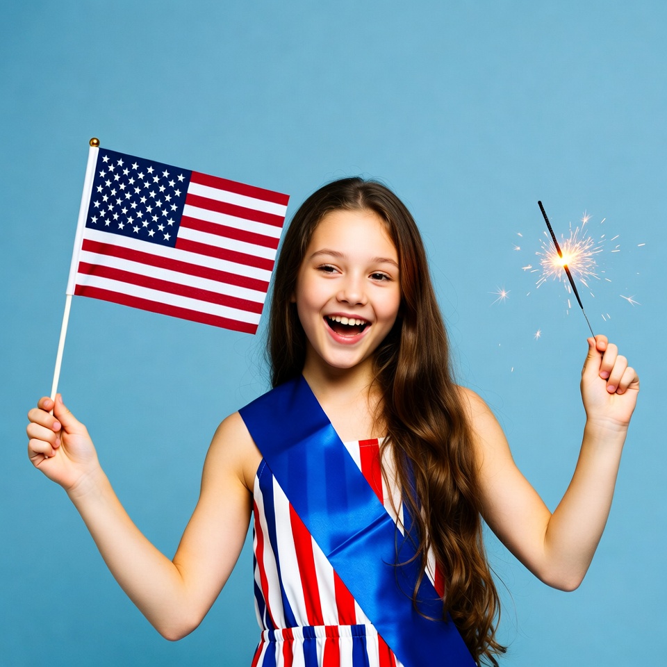 Girl holding sparkler and American flag Girl holding sparkler and American flag