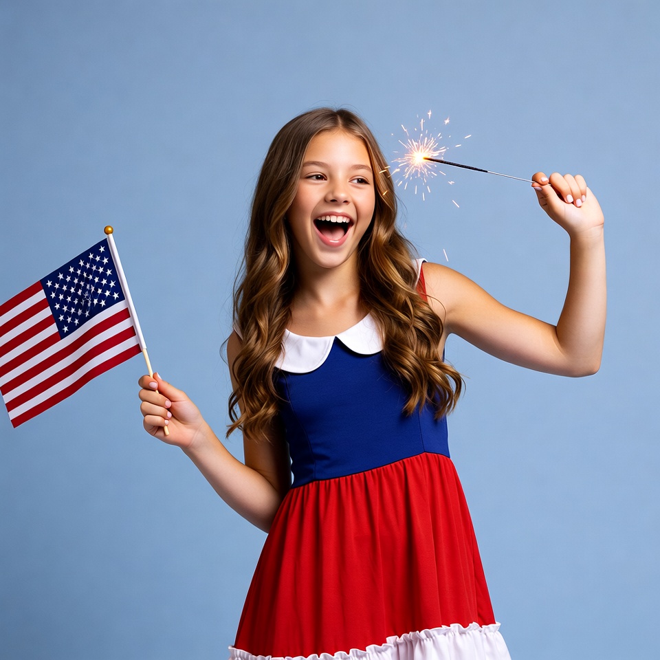 Girl holding sparkler and American flag Girl holding sparkler and American flag
