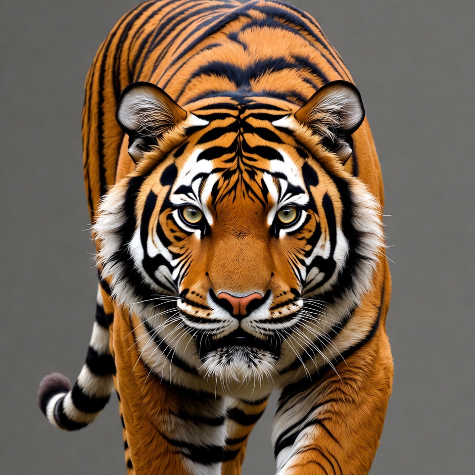 Tiger stalking forward on gray background Tiger stalking forward on gray background