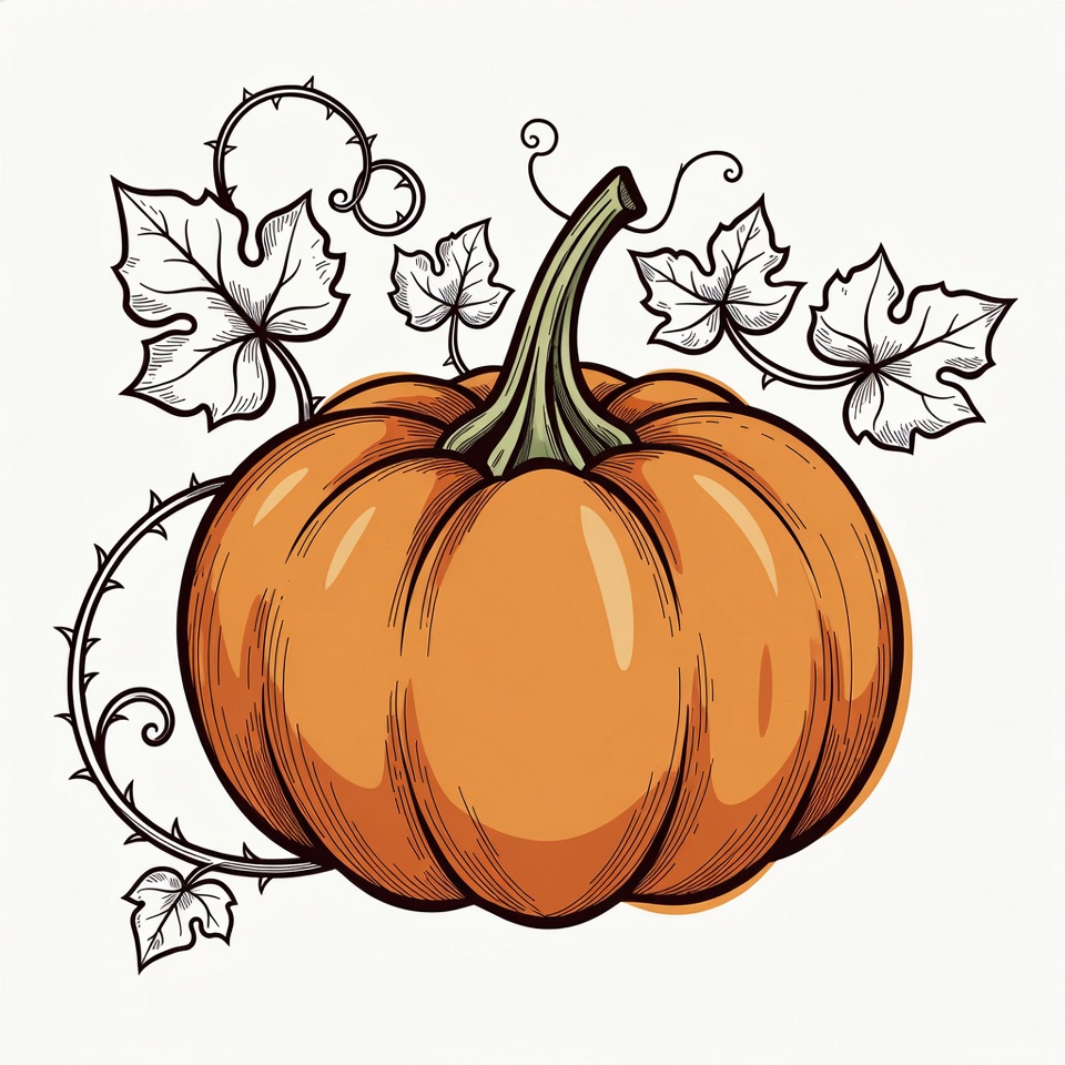 Orange Pumpkin with Vines and Leaves Orange Pumpkin with Vines and Leaves