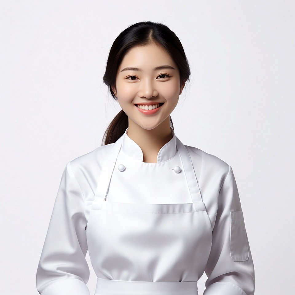 Asian woman in white chef uniform Asian woman in white chef uniform