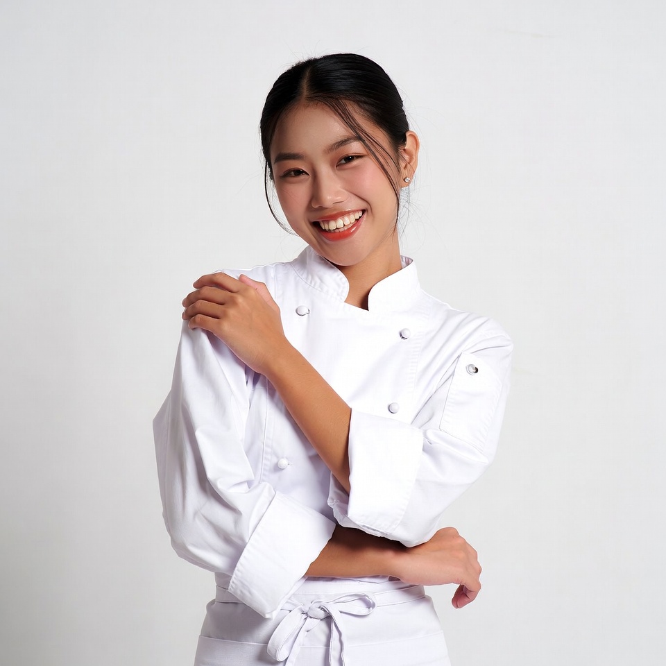 Asian woman in white chef uniform Asian woman in white chef uniform