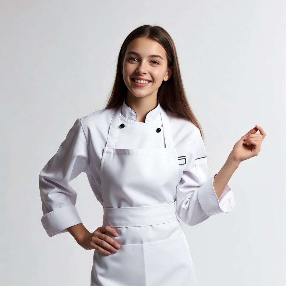 Young woman in white chef uniform Young woman in white chef uniform