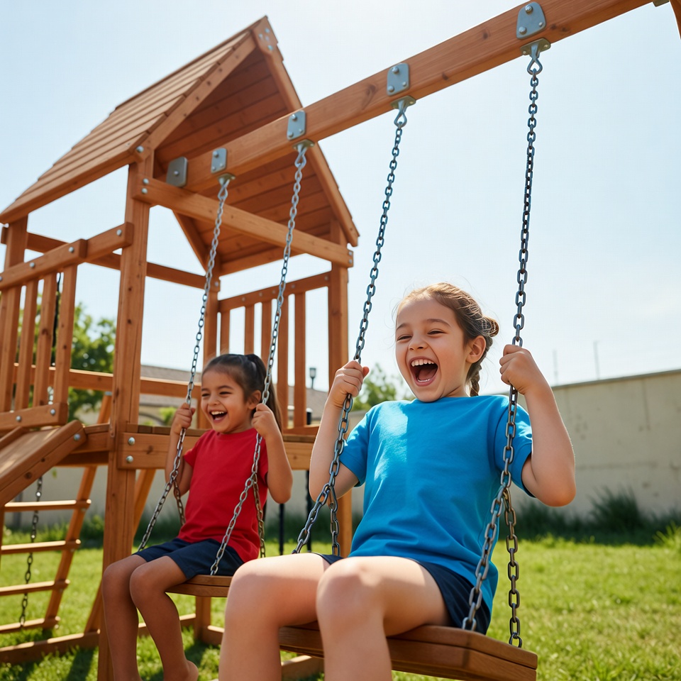Two girls swinging on playground swings Two girls swinging on playground swings