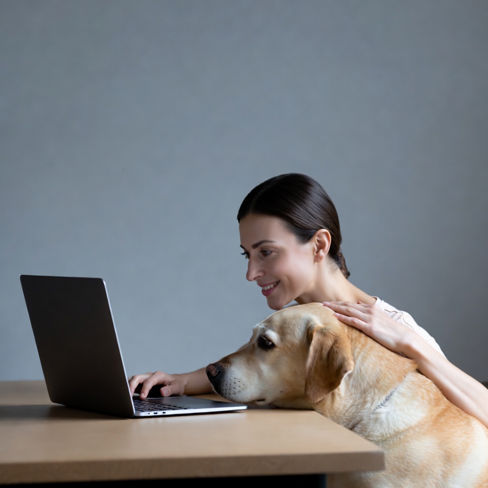 Woman working on laptop with Labrador Woman working on laptop with Labrador