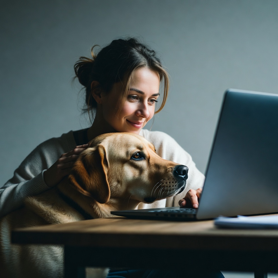 Woman working on laptop with Labrador Woman working on laptop with Labrador