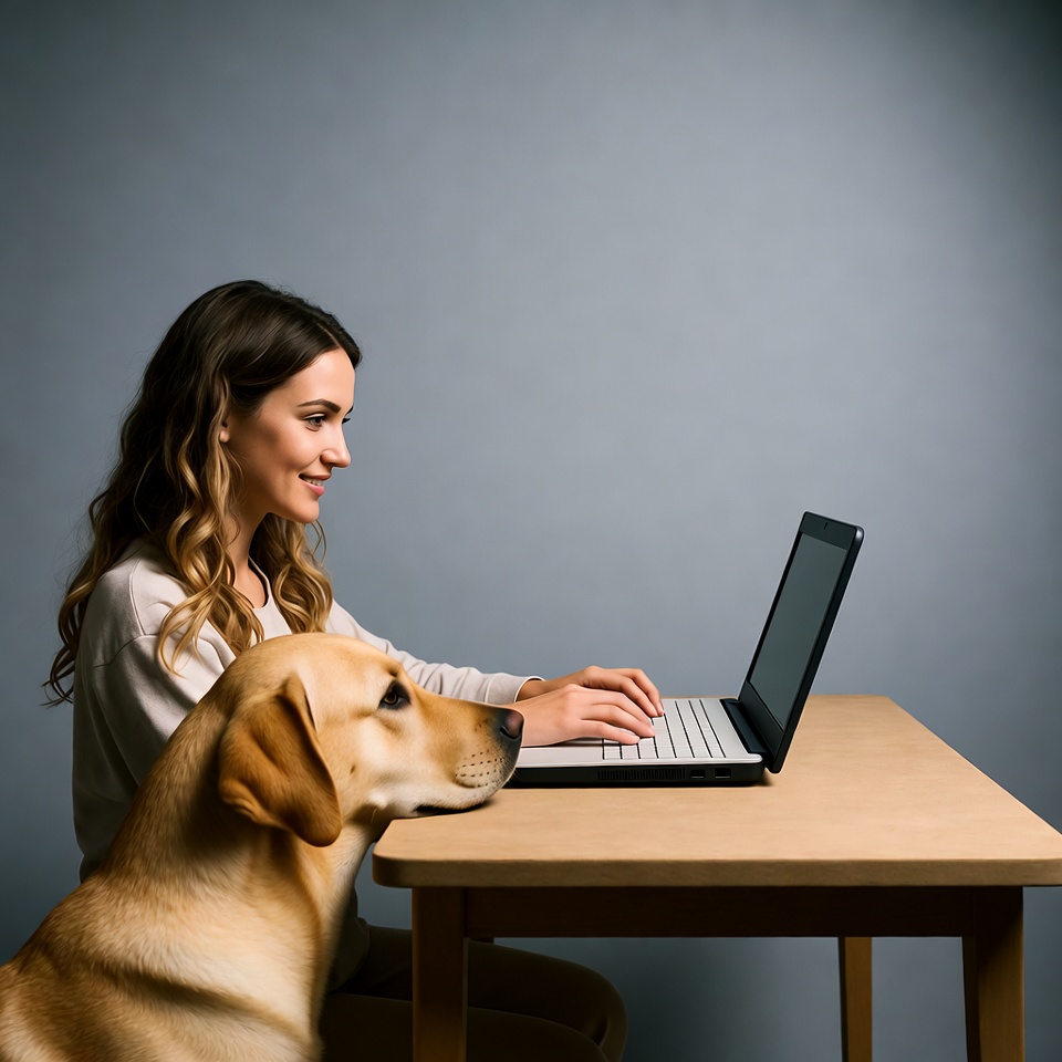 Woman working on laptop with dog Woman working on laptop with dog