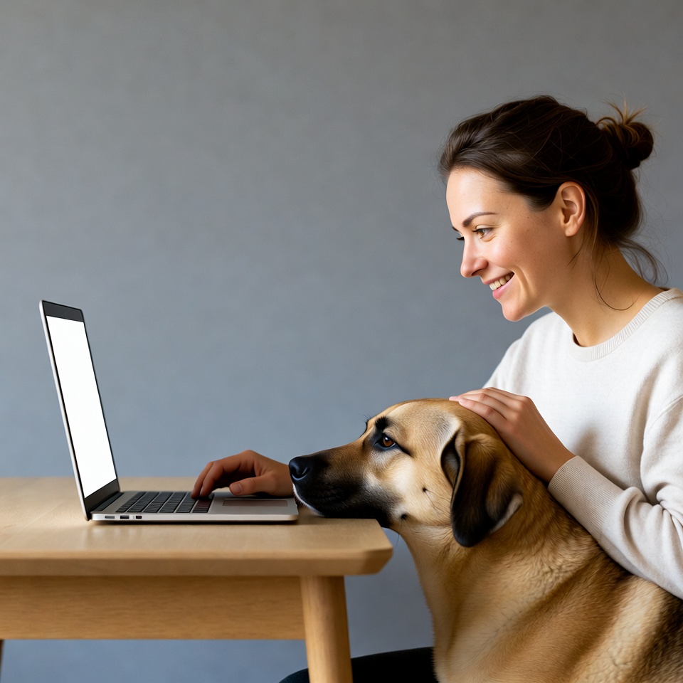 Woman working on laptop with dog Woman working on laptop with dog