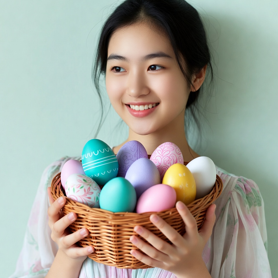 Asian woman holding Easter eggs Asian woman holding Easter eggs